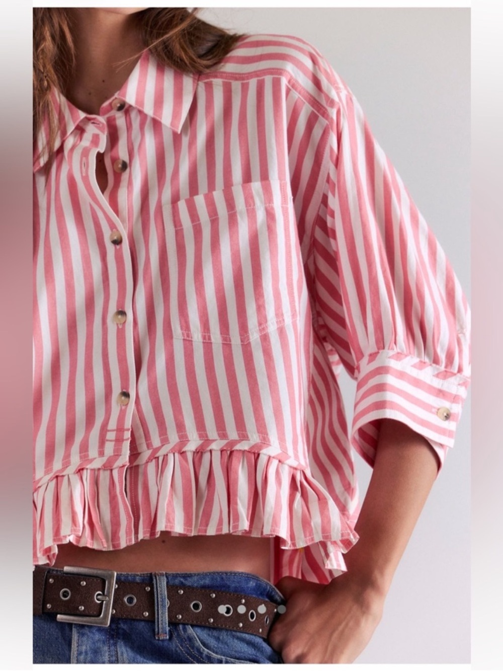 Free People NWOT Bailey Stripe Shirt Size Medium in Coral Combo